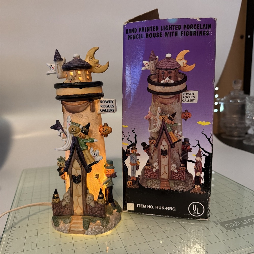 Vintage 1995 Lighted Porcelain Haunted Pencil House 8"x2.5" Works Rowdy Rogues